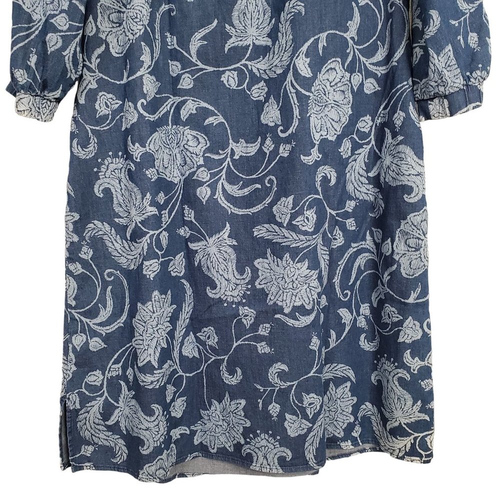Isaac Mizrahi Live Sz 12 Dress Denim Chambray Floral Print Split Sleeves Lace Up - Picture 10 of 15
